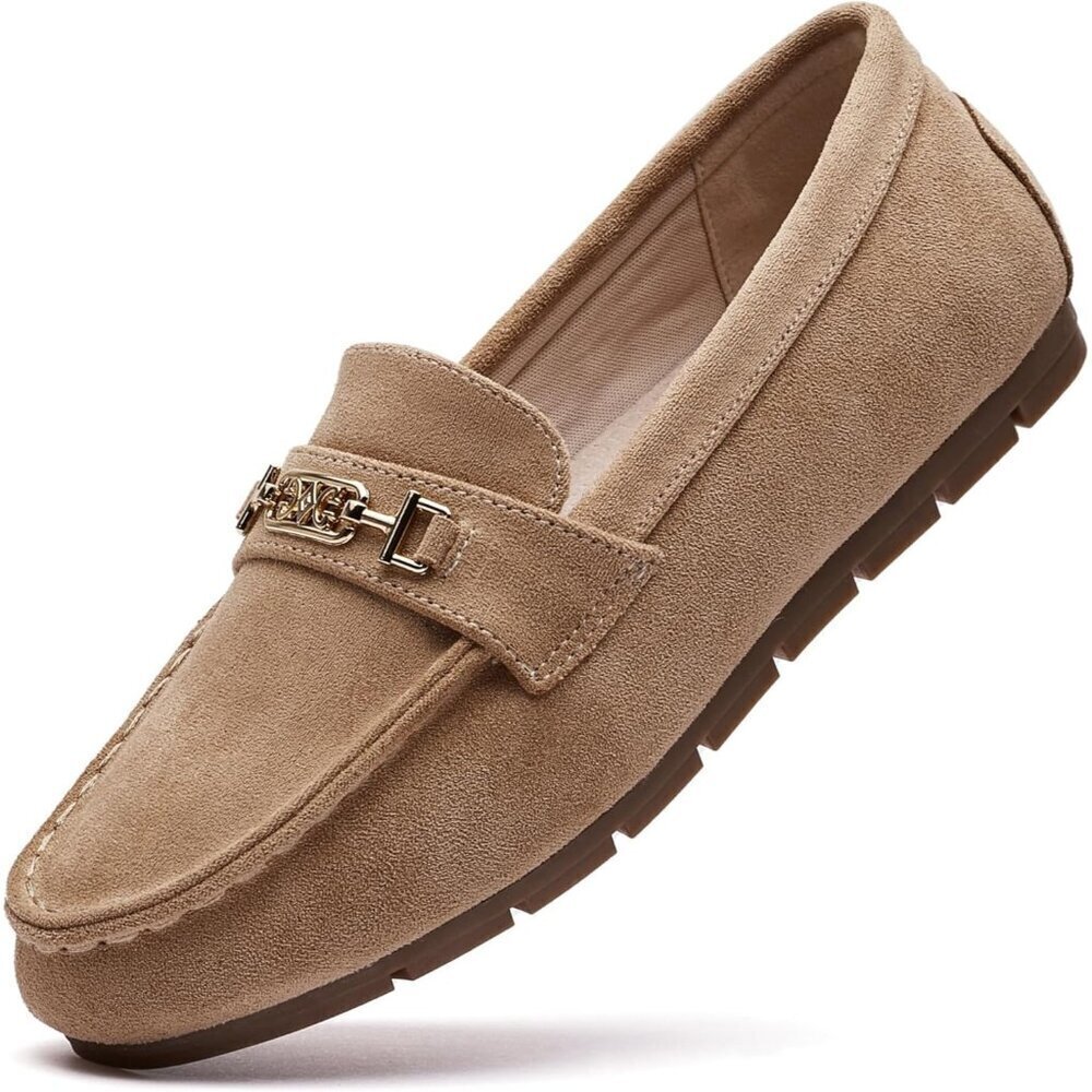 Women Beige Suede Accent Buckle Leisure Slip On Casual Work Walking Flats Shoes